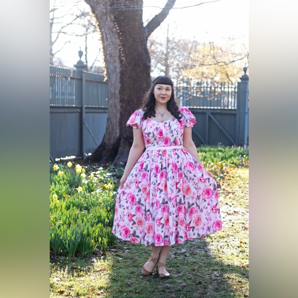 Ivy City Co Pink Rose Floral Print Ballerina Puff Sleeve Spring Dress